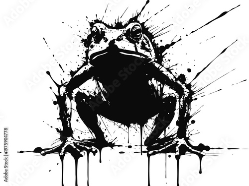 Ink splatter frog illustration black silhouette amphibian with dynamic paint splash effect