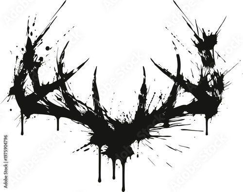 Black ink splatter deer antlers silhouette with dripping paint effect on white background