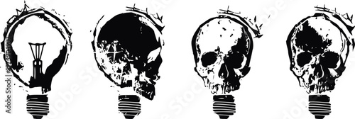 Four creative lightbulb designs featuring skull patterns symbolizing innovation and alternative ideas