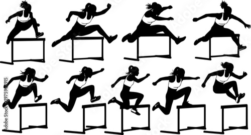 Athletics hurdles silhouette set, female runners jumping over obstacles, track and field athletes training, sprinting competition, sports icons isolated on white background.