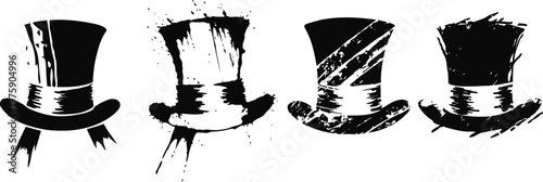 Vintage black top hats with ribbon bands in hand drawn sketch set