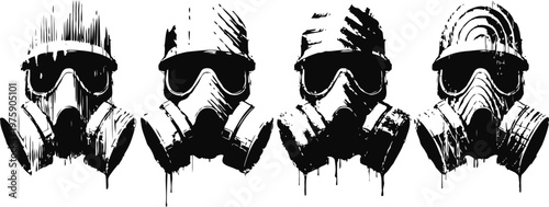 Four black and white silhouettes wearing gas masks with different helmet designs
