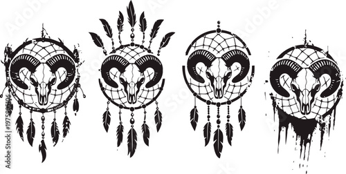 Set of four black and white ram skull dreamcatchers with feathers and tribal decorative elements