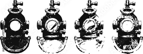 Vintage deep sea diving helmets in black and white sketch cultural historical gear collection