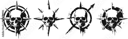 grungy skull icons with directional compass elements in dark distressed