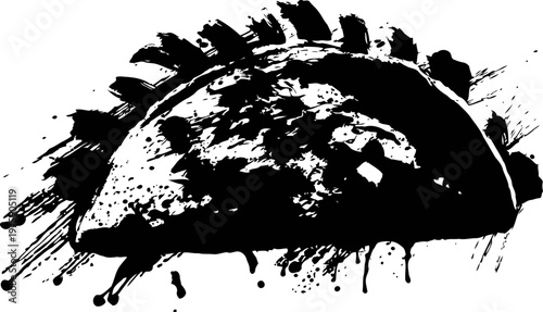 Black grunge halftone silhouette of a spiked armadillo with ink splatter and paint splash background
