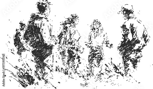 group of people standing together outdoors in nature, social gathering and communication concept