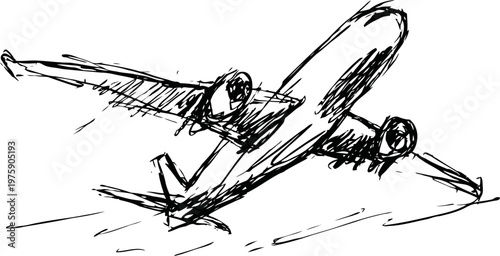vintage airplane sketch in dynamic takeoff pose with detailed wings and engines