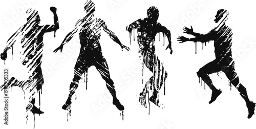 Dynamic black ink silhouettes of four active athletes running and jumping in various sporty poses