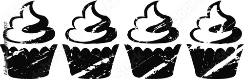 Four stylized black and white cupcake icons with swirl frosting on top