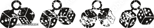 four black dice with white dots showing the numbers one through six in various arrangements