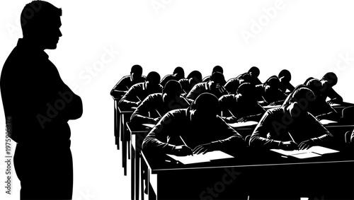 Silhouette of teacher or supervisor monitoring group of students during exam sitting at desks and writing in classroom, educational assessment concept. 