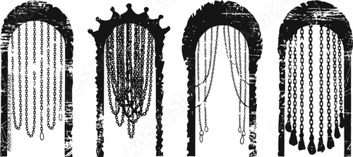 Decorative hanging bead curtains in weathered arched frames, vintage bohemian interior accents