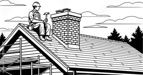Black and white vector illustration of a professional roofer sitting on a house roof near a chimney during home construction.
