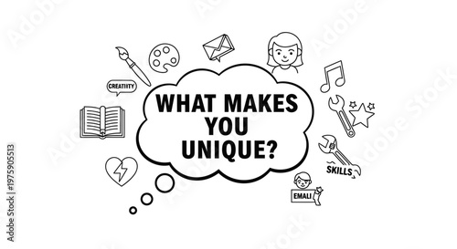 What Makes You Unique concept illustration with various hobby and skill icons.