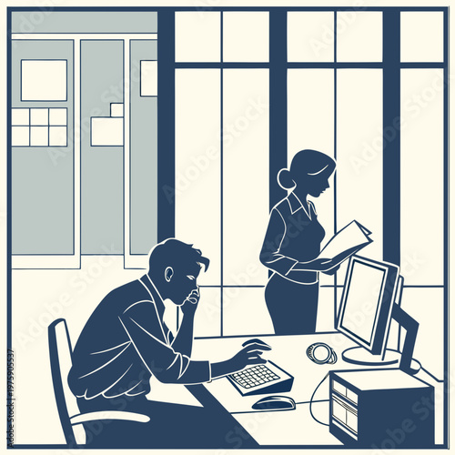 Office Team Working Together with Computers in Modern Workplace Illustration