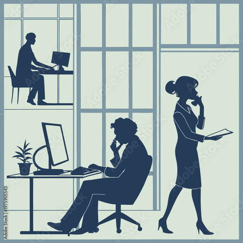 Office Work Environment with Business People Silhouettes and Modern Workplace Scene
