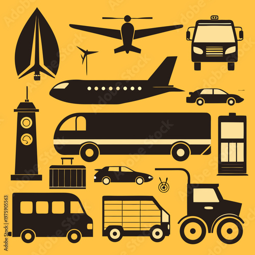 Transport Icons Set Airplane Bus Car Travel Silhouette Yellow Background
