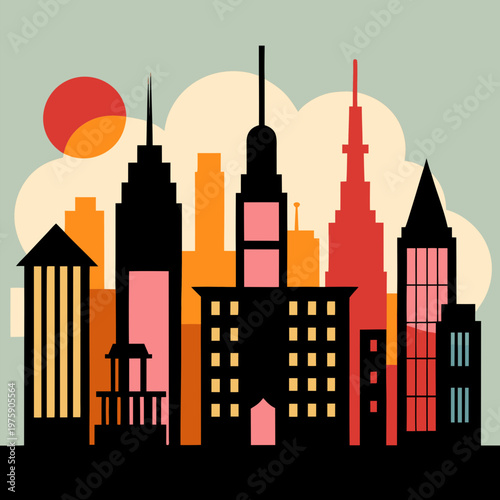 Modern City Skyline Illustration with Colorful Urban Buildings at Sunset