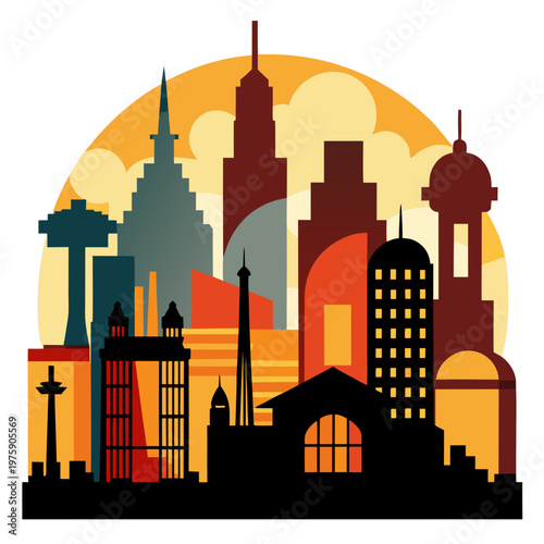 City Skyline Illustration Modern Urban Landscape Sunset Vector Design