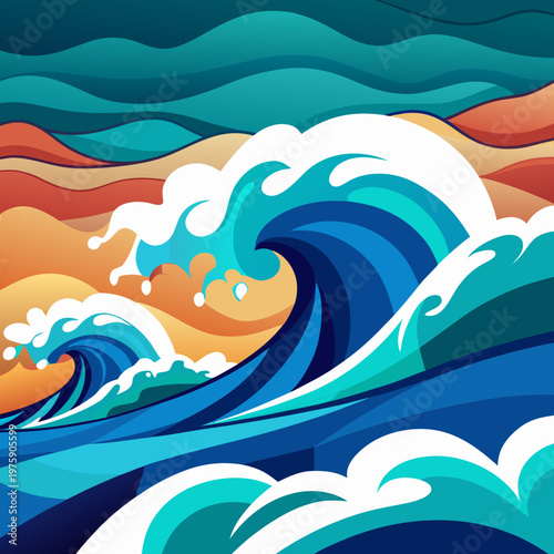 Colorful Ocean Waves Illustration with Dynamic Sea and Sunset Background