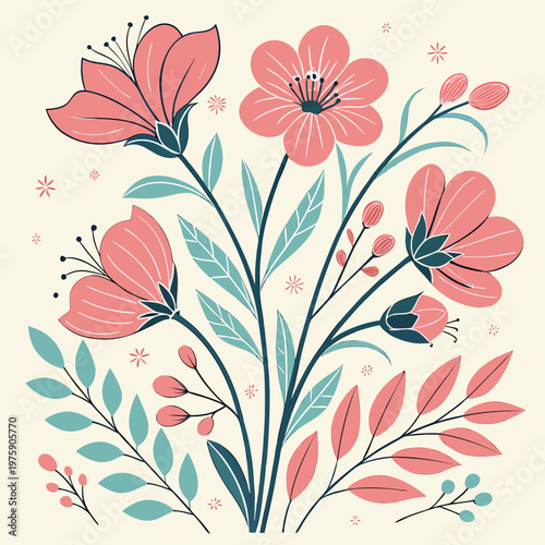 Elegant Pink Floral Illustration with Leaves Modern Botanical Vector Design