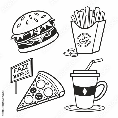 Hand Drawn Fast Food Doodle Icons Black and White Restaurant Vector Set