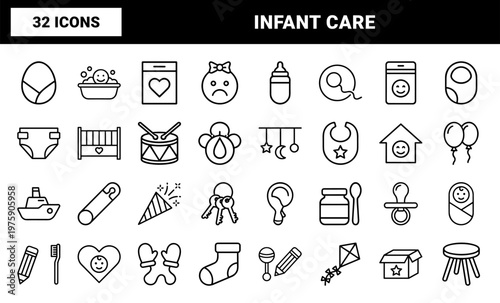 Minimalist baby care line icon set for nursery and parenting designs.