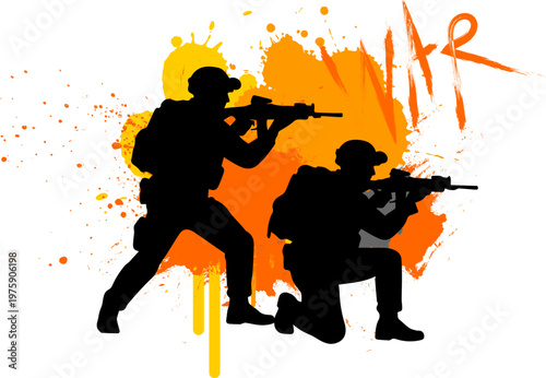 soldier silhouette black shapes with orange yellow black brush painting dropped splatter splash logo symbol grunge graphic element
