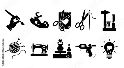 Crafting and DIY Icons: Sewing, Painting, Knitting, Hot Glue Gun, Lightbulb Idea