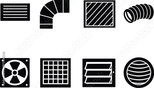 Collection of HVAC symbols (Heating, Ventilation, and Air Conditioning) depicting various components of air handling systems. 