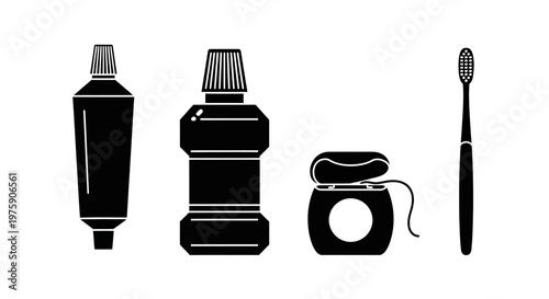 Dental Hygiene Set: Toothpaste, Mouthwash, Floss, Toothbrush - Black and White Icons