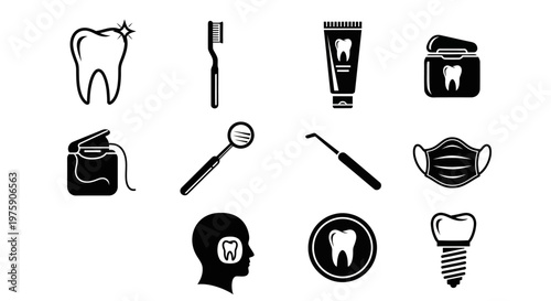 Dental Hygiene Icons: Tooth, Floss, Brush, Paste, Mirror, Mask, Implant