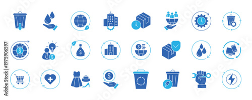 Circular economy icon set collection. Sustainable, Green Economy, Recycle Bin, Zero Waste and more. Simple color fill vector.