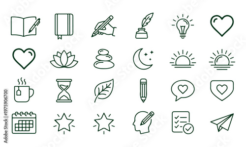 Collection of minimalist line icons featuring daily life and positive emotions