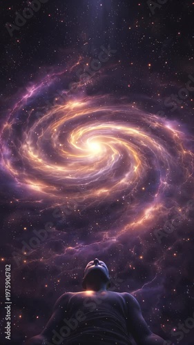 person looking at spiral galaxy in vertical composition, universe exploration concept, cosmic imagination theme, vertical banner with copy space.