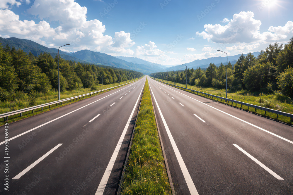 Fototapeta premium Long, straight asphalt highway stretching towards distant mountains under a bright blue sky.