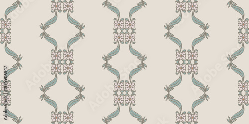 Vintage symmetry interlocking botanical motif leaf and floral seamless pattern.