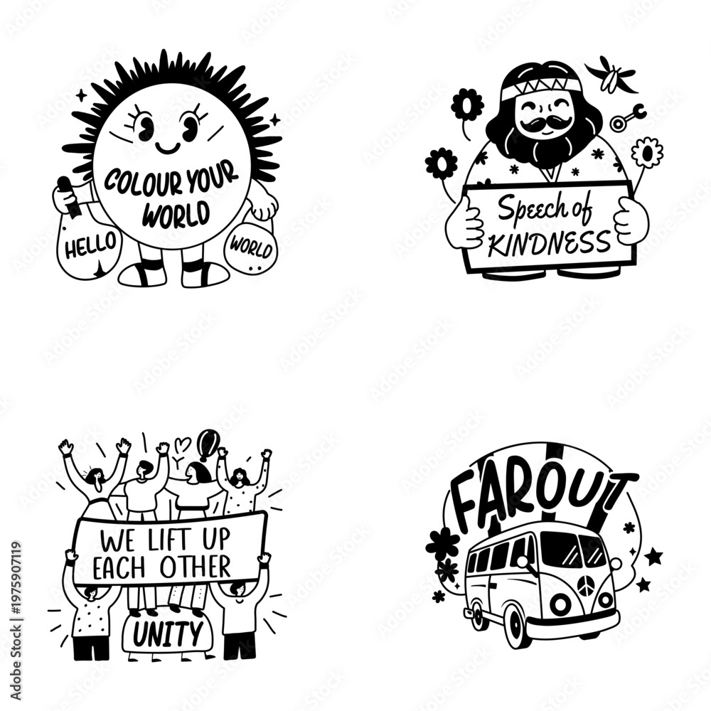 Fototapeta premium Bundle of Hippie Traditions Glyph Stickers
