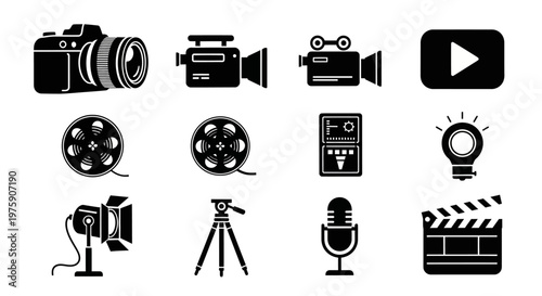 Film Production Icons: Camera, Clapperboard, Microphone, Spotlight, Tripod, Lightbulb, Play Button