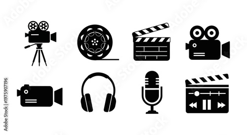 Filmmaking and Media Production Icons: Camera, Film Reel, Clapperboard, Headphones, Microphone