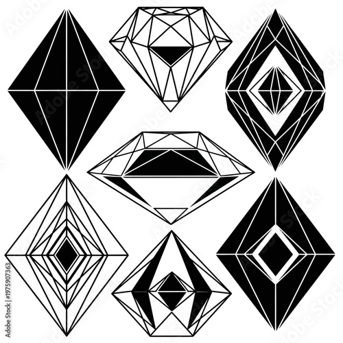 Geometric Diamond Cut Styles Collection, Faceted Gemstone Designs, Vector Graphics