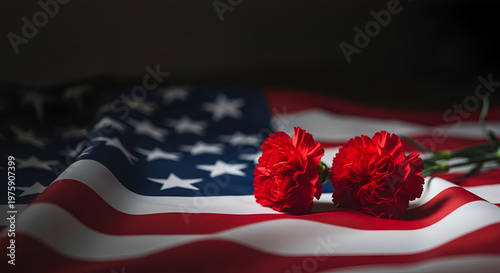 Red carnations on American flag honoring Memorial Day remembrance concept