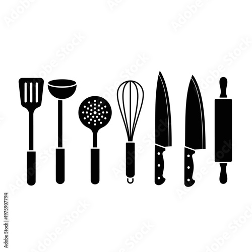 Kitchen Utensils Silhouette: Spatula, Ladle, Whisk, Knives, Rolling Pin