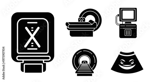 Medical Imaging Technology Icons: MRI, CT Scan, Ultrasound, X-ray, Monitor