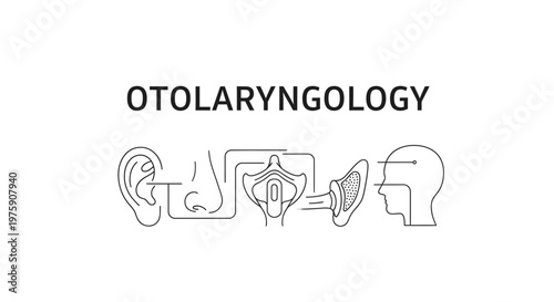 Otolaryngology medical concept with minimalist line icons of ear, nose, and throat anatomy.