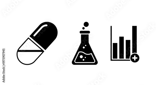 Medical Pill, Laboratory Flask, and Growth Chart Icons: Healthcare and Science Concept