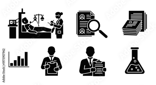 Medical Research and Analysis Icons: Patient Care, Data, and Science