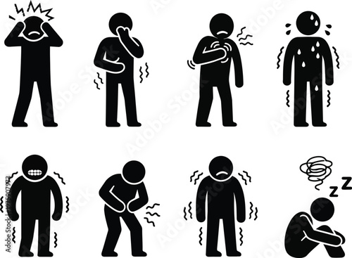 Set of black-and-white pictograms illustrating various common physical and mental health symptoms. The icons depict conditions such as headache, stomach pain, chest pain or heart attack, and cold symp