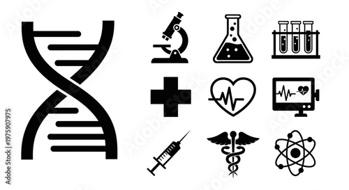 Medical Science Icons: DNA, Microscope, Syringe, Heartbeat, Atom, Flask, Caduceus